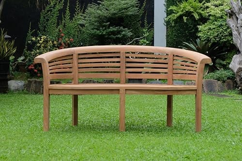 Emporium Furniture Garden Bench (Extra Thick) with Cushions Premium Quality Teak Wood Outdoor Patio Banana Benches (Banana Bench Horizantal Slats 12 cm Thick, Cream Cushion)