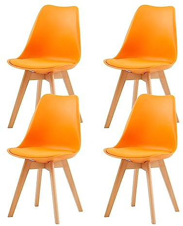 H.J WeDoo Pack 4 Sillas de Comedor Nórdico, Silla Cocina de Haya con Asiento Tapizado y Respaldo Ergonómico, Naranja