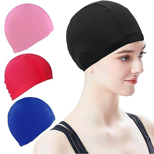USTNIR 4 Pezzi Cuffie da Nuoto Cuffia Piscina in Tessuto Cuffia da Nuoto da Donna e Uomo Cuffia da Nuoto Elastica in Poliestere per Estate, Spiaggia, Atleti, Sport Acquatici (4 Colori)