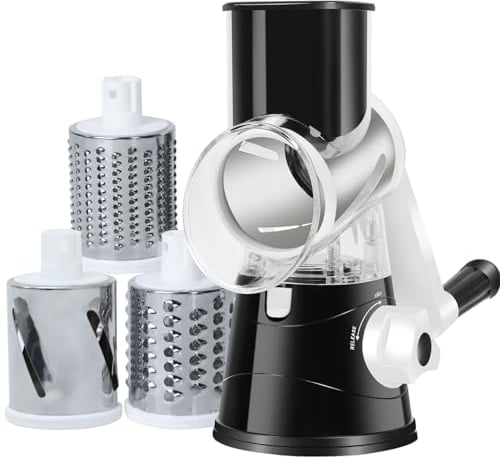 Rotary Cheese Grater Shredder, Round Mandolin Slicer with Handle and 3 Drum Blades, Vegetables Cutters for Cheese, Carrots, Potatoes, Nuts, Cucumbers, Zucchini