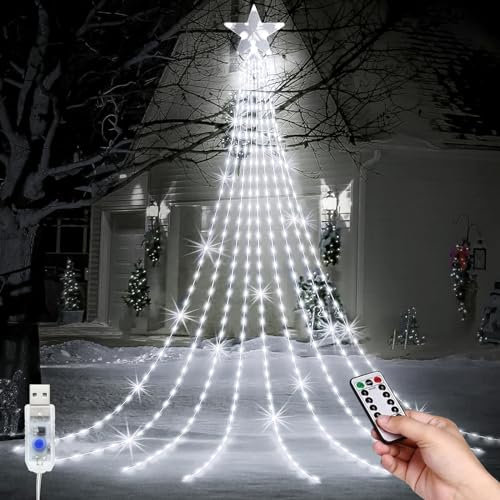 Guirnalda Luces Arbol de Navidad, USB Luces Árbol Navidad con Estrella, 9*2M 8 Modos 198 LEDs Impermeable Cascada Luces de la Cadena con Estrella para Arbol De Navidads, Bodas, Jardín Decoración