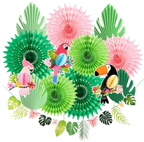 SUNBEAUTY Hawaii Toucan Decoration Set Jungle Decoration Garland Birthday Paper Tropical Palm Leaves Tropical Parrot for Luau Party BBQ Tropical Tiki Garden Summer Party Decoration