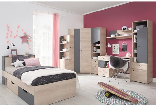 Lomadox Jugendzimmer komplett Set, inkl. Eckkleiderschrank, Standregal, 2 Regale, Schreibtisch, Wandboard, Bettgestell 120x200cm Liegefläche, in Eiche mit anthrazit, 7-teilig
