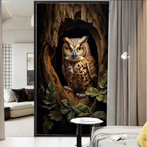 Baum Loch Eule Fensterfolie Wärme Blockierung Natur Tier Rustikaler Vogel Privatsphäre Fenster Dekor Glastür Abdeckung Nicht klebende Fensteraufkleber für Badezimmer Küche 45 * 60cm