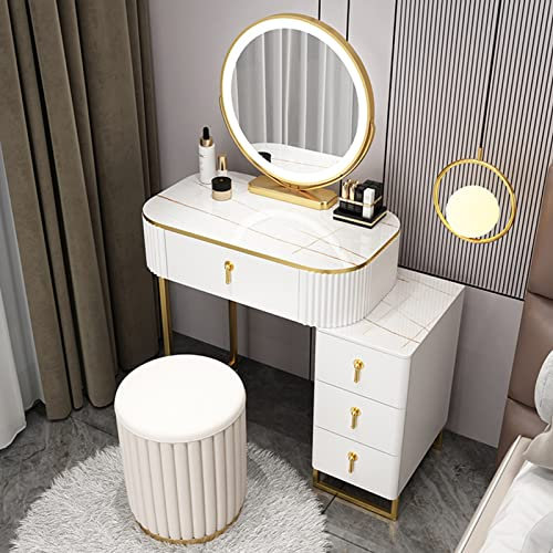 Schminktisch mit 3-farbigem verstellbarem, um 360° drehbarem Spiegel – Make-up-Schreibtisch mit 4 Schubladen und einziehbarem Design – Schminktisch für Schlafzimmer und Badezimmer