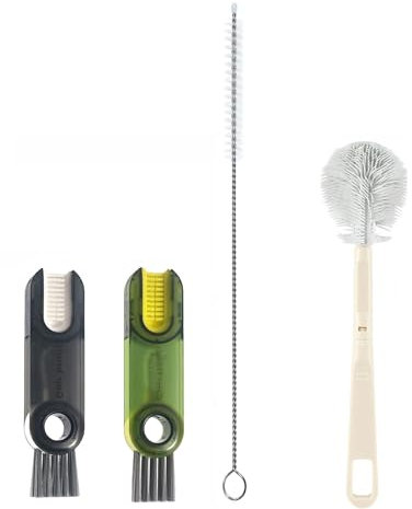 4-Pack Water Bottle Brush Set,9.5'Long Handle Silicone Water Bottle Cleaning Brush,2 Straw Brushes,2(3-in-1) Cup lid Cleaner Brushes for Water Bottles,Baby Bottles,Straw Brushes White(Black-Green)