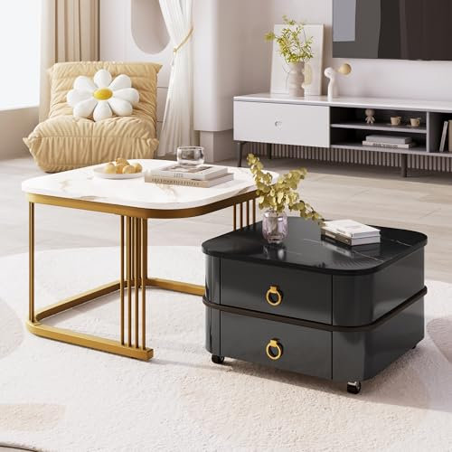 BTM Lot de 2 Tables Basses gigognes, Table Basse gigogne carrée 60/50cm, Table Basse avec 2 tiroir Noir et des Accents dorés pour Salon, Chambre, Bureau, Appartement, Design Moderne Blanc&Noir