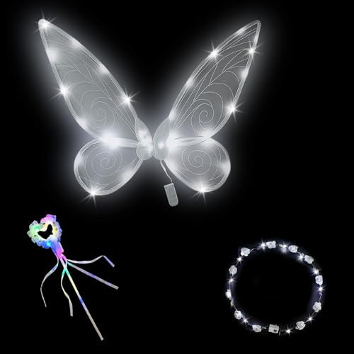 HIQE-FL LED Feenflügel Leuchtende,3 Stück Elfenflügel Set,Feen Flügel Wings Kinder,Feenflügel Erwachsene,Flügel Fee,Karneval Flügel,Cosplay Kostüm,Halloween Flügel(Weiß)