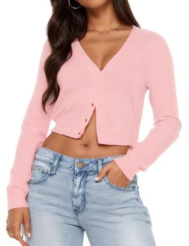LACOZY Women's Long Sleeve Cropped Lightweight Cardigan Sweater Button Down Shirt V Neck Blouse Open Front FAL Tops Pink 2XL