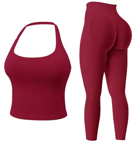 MAYROUND Womens Workout Sets Gym Outfits 2 Pieces Seamless Longline Halter Backless Crop Top Hidden Scrunch Leggings Yoga Tracksuit