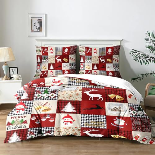 Yzehomijia Weihnachten Bettwäsche Set 140x200 cm,Weihnachtsbaum und Rentier Motiv Bettbezug mit(65×65cm)×2Kissenbezügen, Weihnachtstag Thema Festliche Bettwäsche für Erwachsene und Kinde（R5×140）