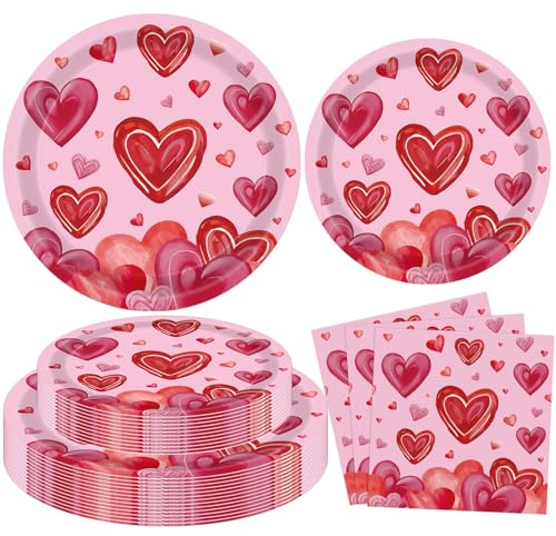 LWYGEGJO 60Pcs Mother's Day Heart Party Plates Valentine’s Day Party Tableware Decoration Watercolor Love Red Heart Paper Plates Napkins for Valentines Day Birthday Wedding Serves 20