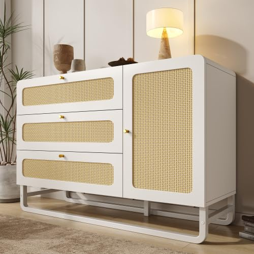 EMKK Kommode Schrank Rattan, Sideboard mit 3 Schubladen und Türschrank, Highboard 120 cm Breit, Flurschrank, Höhenverstellbare Regale, für Wohnzimmer/Küche/Arbeitszimmer, 120x85x40 cm(Weiß + Natur)