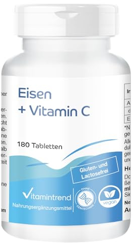 Vitamintrend Järn + C-vitamin från Acerola, 180 tabletter, 40mg C-vitamin + 40mg järn per tablett, högdoserat, veganskt kosttillskott utan magnesiumstearat, tillverkat i Tyskland