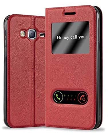 cadorabo Coque pour Samsung Galaxy J3 / J3 DUOS 2016 en Rouge Safran - Housse Protection avec Stand Horizontal et Deux Fenêtres - Portefeuille Etui Poche Folio Case Cover