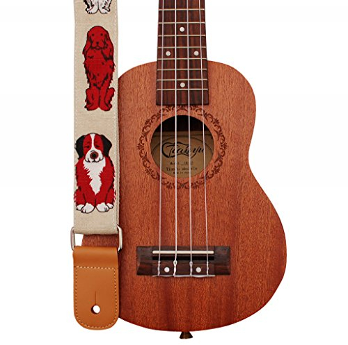 Music First Ukulele-Schultergurt aus weicher Baumwolle und echtem Leder, Originales MR DOG-Design