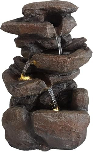 DRULINE Zimmerbrunnen mit LED - Zimmer Wasserfall Brunnen - Kaskadenbrunnen - Zimmerbrunnen - Polyresin Stein Optik - B/H/T ca. 26 x 45 x 20 cm - Grau - Indoor