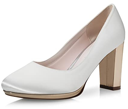 Rainbow Club Brautschuhe Clair - Damen, Pumps, Plateau, Ivory/Creme, Satin, Bequem Gepolstert, Hochzeitsschuhe, Rose/Gold Blockabsatz Gr. 37 (UK 4)