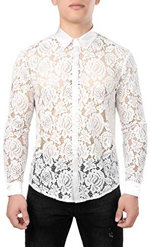 JOGAL Chemise à manches longues en dentelle florale transparente pour homme, Rose blanche., XL