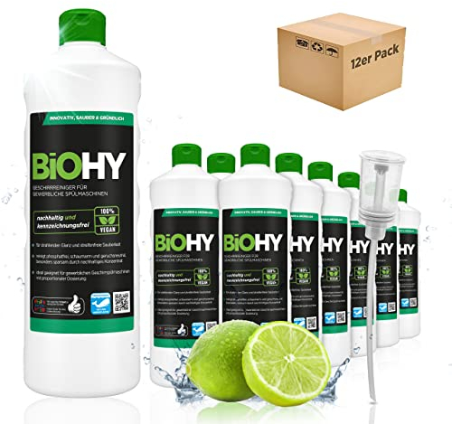 BiOHY Geschirrreiniger für gewerbliche Spülmaschinen (12 x 1 Liter) + Dosierer | Maschinenspülmittel für Geschirr | ergiebig, flüssig & phosphatfrei | für Gastro & Gewerbe | Spülmaschinenreiniger