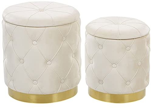 Runder Pouf im 2er Set Samt weiß Ottoman Sitzpouf Chesterfield Stil Pueblo