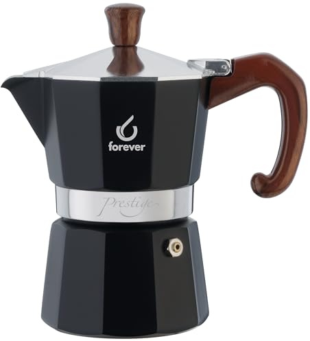 FOREVER Caffettiera Moka Alluminio, Miss Moka Prestige 'Radica', Caffettiera Moka per Casa, Caffettiera Portatile per Viaggio, inclusa Guarnizione in Silicone (3 Tazze)