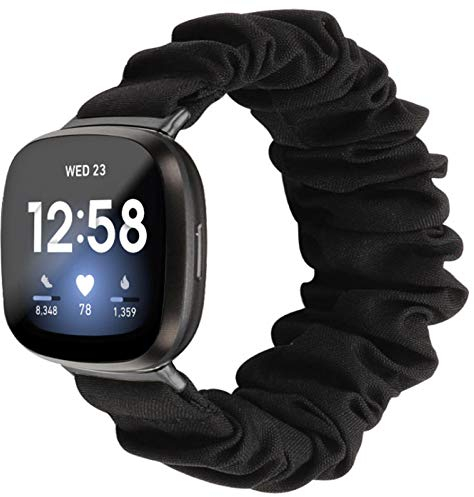 Miimall Kompatibel mit Fitbit Sense/Versa 3 Scrunchie Armband, Stoff Weiches Muster Bedrucktes Sport Ersatz Armbänder für Fitbit Sense/Versa 3-L Schwarz