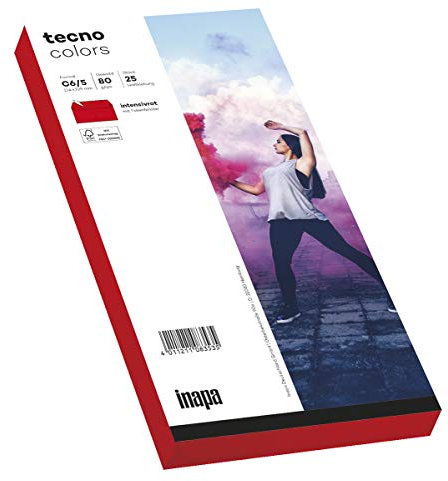 inapa Briefumschläge tecno Colors - DIN-C6/5 (114 x 229), 80 g, intensiv-rot, haftklebend, mit Fenster, 25 Stück