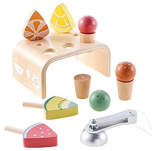 howa Heladería infantil de madera con cuchara de helado, 3 bolas de hielo y gofres, 4 helados en estilo, juguete de madera, tienda de helados para niños, accesorios de tienda de madera 4889