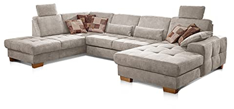 CAVADORE Wohnlandschaft Puccino mit Federkern, Bettfunktion, Bettkasten, Sitztiefenverstellung und 2 Kopfstützen / Sofa in U-Form im Landhausstil / 340 x 86 x 224 cm / Mikrofaser Creme