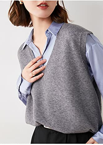 GRGFG Sweater Pullunder,Womens Sleeveless Sweater Weste Vintage Fashion Einfarbig Cropped Strick Cami Pullover Pullover V-Ausschnitt Preppy Style Lässige Lose Gestrickte Tank Top Herbst Winter,Grau,M