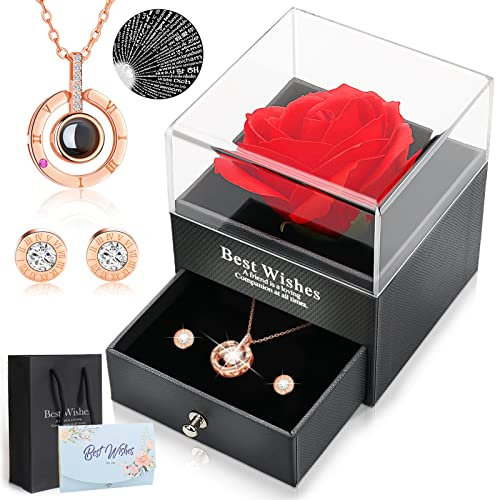 Floepx Véritable rose éternelle avec collier éclat, boucles d'oreilles, boîte cadeau, rose éternelle, faite à la main, pour la Saint-Valentin, la fête des mères, un jubilé, un mariage, Diamant