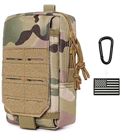 Tactical Molle Pouch Military Waist Bag Outdoor Men EDC Tool Bag Utility Gadget Organizer Vest Pack Purse Mobile Phone Case Hunting Compact Bag U.S.A Patch Carabiner Included (CP)