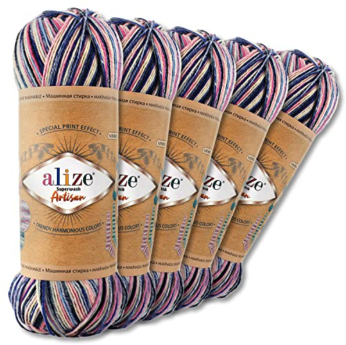 Wohnkult Alize 5 x 100 g Superwash Artisan Sockenwolle Premium 16 Auswahl Kontrast Häkeln Stricken (9004)