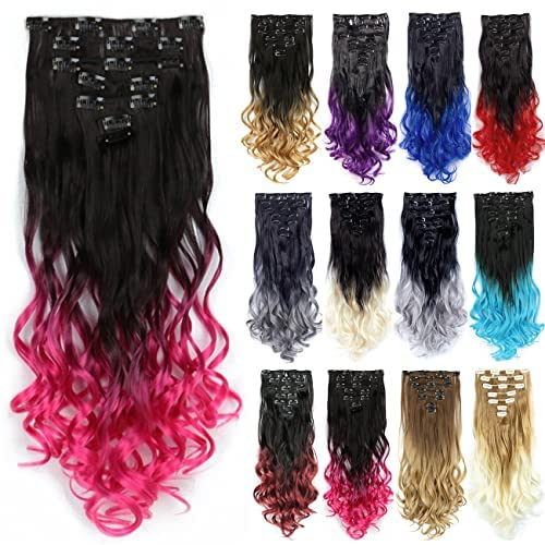 IMISSU 7 STÜCKE Set Lange Lockige Clip in Haarverlängerung Ombre Farbe Vollkopf Haarverlängerungen Haarteil für Frauen (Ombre Rosa)