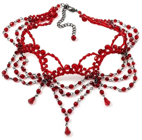 Avalaya Collana acrilica rossa calda del girocollo della perla di stile vittoriano/chiusura nera di tono, Misura unica