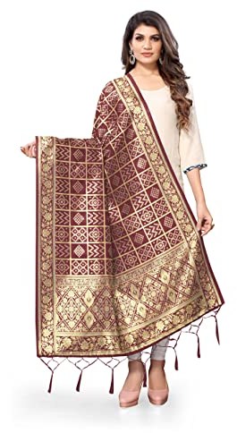 Jaanvi Indischer Bandhani gewebter Seidendupatta-Halswickel, lange Stola, Chunni-Quaste, Schal, Überwurf mit Zari, kastanienbraun, One size