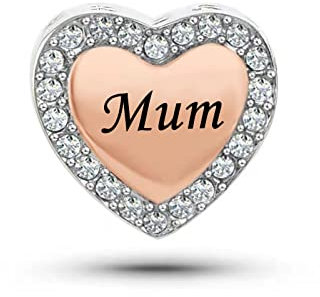 FGT Mum Rose Gold Love Heart Charm fits Pandora Bracelets Crystal Clear CZ Christmas Womens Girls Family Birthday Mothers Day