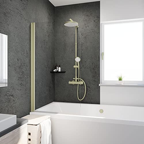 Schulte pare-baignoire 80 x 140 cm, profilé or brossé, verre de sécurité 5 mm traitement anticalcaire transparent, 1 volet écran pivotant 180° contre le mur, joint d'étanchéité