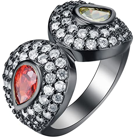 BCughia CZ Ring, Rings for Women Trendy Black Copper Red Pear Gemstone Pear Shape Red and Green Zirconia Proposal Ring Gift Size N 1/2