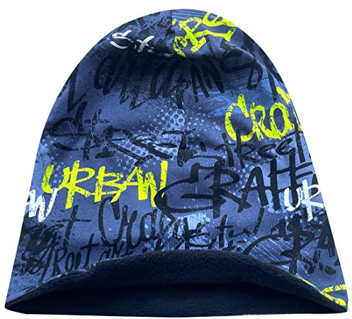 Wollhuhn Öko Warme Winter Jungen/Mädchen/Kinder Winter Long Beanie Mütze Mit Fleecefutter Versch. Motive (aus Öko-Stoffen, Bio) 20220666 (Skater Grau/Lime, M)