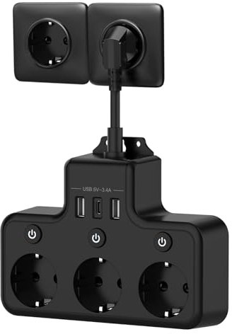 Ciabatta Multipresa 3 Prese Schuko (4000W/16A) con 3 Interruttori Indipendenti,Ciabatta Elettrica con 2USB-A & 1USB-C(5V/17W) Presa Multipla da Muro Cavo 0.1m (Nera)