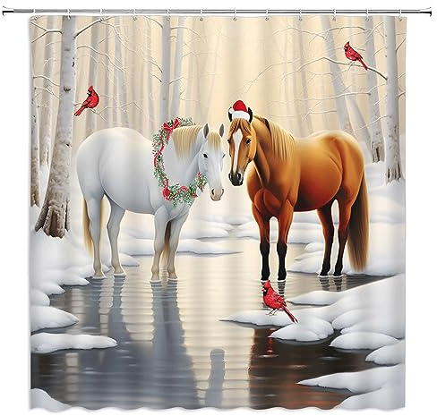 UOZXOML Frohe Weihnachten Duschvorhang Winter Pferd Weihnachtskranz Hut Rot Vogel Schnee Nebel Wald Wasser Reflexion Bauernhaus Urlaub Stoff Badezimmer Dekor Vorhänge Set mit Haken, 70 x 70
