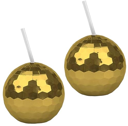 Caribou Living Goldfarbene Discokugel-Einmachgläser, Cocktailbecher, Becher mit Deckel und Strohhalm, Kunststoff, fasst 520 ml, 2 Tassen