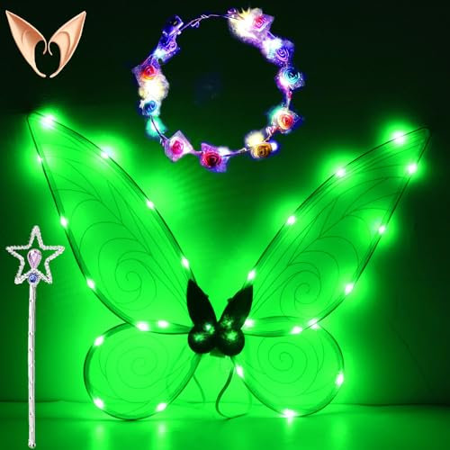 Feenflügel Leuchtend Erwachsene,LED Haarreif and Sterne Feenstäbe,Elfenflügel Damen,Led Flügel Kinder,Feenflügel Erwachsene,Schmetterlingsflügel Kinder,Flügel Kostüm für Fasching oder Feen-Mottopartys