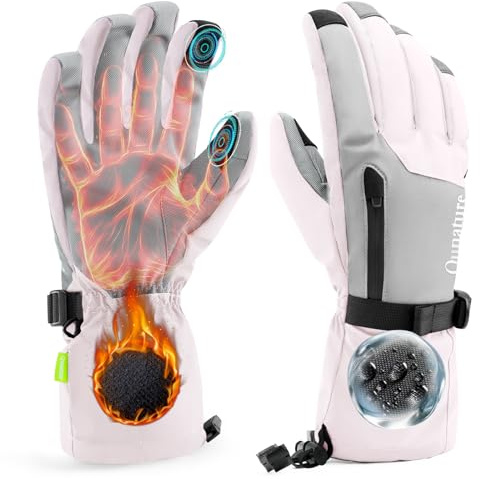 Qunature Gants Ski Hiver Thermique Écran Tactile Gants Coupe-Vent Étanche Poignet Allongé Poche Polaire Épais Chaud Respirant Femme Homme Antidérapant Snowboard Patinage Noir Gris Vert Rose XS-XL