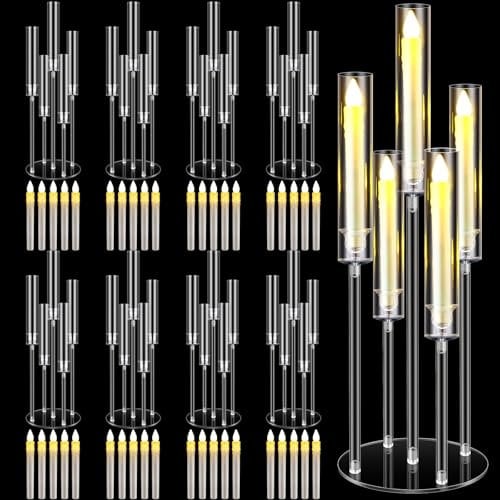 FoldTier Acryl-Kandelaber-Halter mit 5 Armen, für Hochzeitstisch, 68,6 cm hoch, transparent, mit LED-Kerzen und Lampenschirm, für Antragszeremonie, Geburtstag, Party, Heimdekoration, 8 Sets