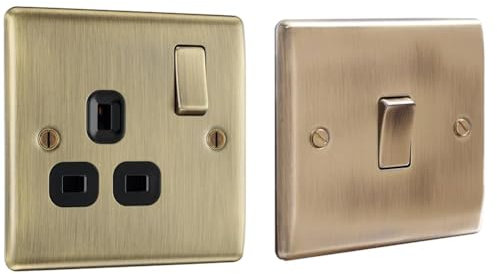 BG Electrical Single Switched Power Socket with Black Inserts, Antique Brass, 13 Amp & BG Electrical nab12 Single Light Switch, Antique Brass, 2-Way, 20Amps and 16AX