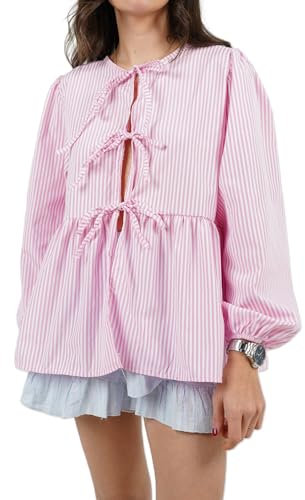 PDYLZWZY Y2k Chemisier à péplum à l'avant pour femme Nuisette à volants à manches bouffantes Chemise à carreaux Vichy Rayé, Rayures roses, L