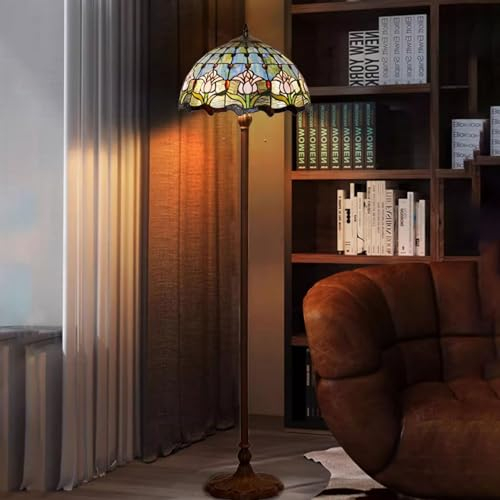 BOTOWI Stehlampe, Tiffany-Stil Buntglas Rose Tulpe Glyzinie Glyzinien Traube Hängelampe mit handgefertigtem Lampenschirm, geeignet für die Dekoration von Räumen [2 Lichter][16''WX65''H],Tulip